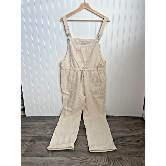Biboverall Linen Blend Jumpsuit Women's Large Beige Ankle Length Beach Vacation - Picture 1 of 5